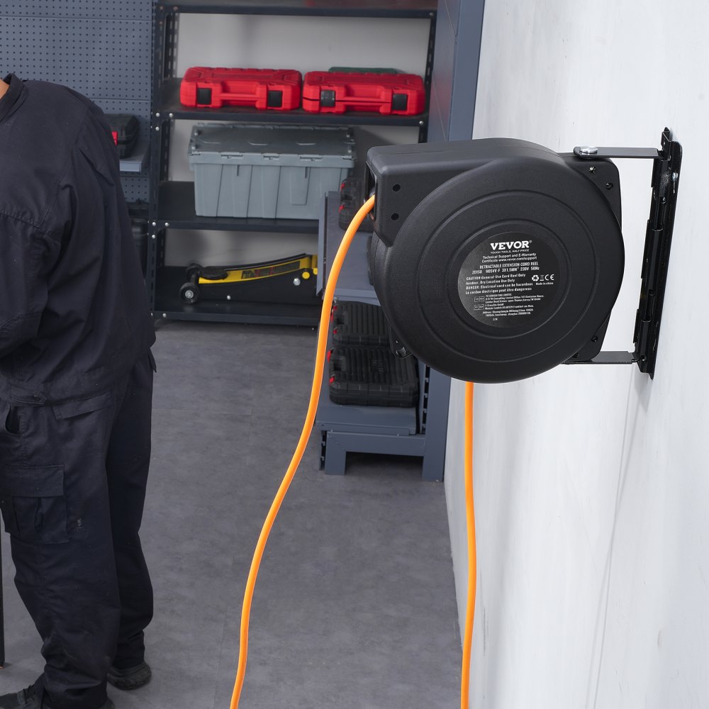 VEVOR Avvolgicavo Prolunga Retrattile, 15m, 1000W con Cavo di Alimentazione da 1m Protezione da Surriscaldamento, Guscio in PP, Staffa Girevole a 180° per Montaggio a Soffitto o a Parete