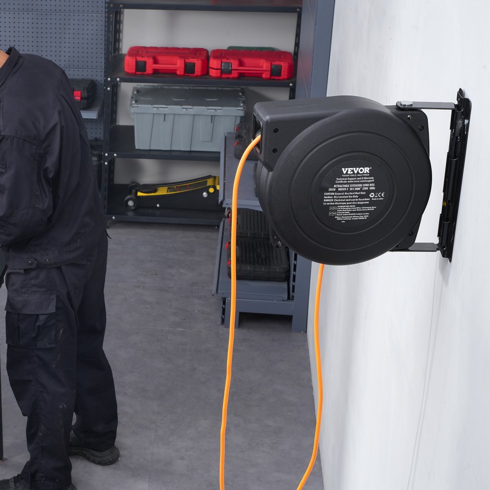 VEVOR Avvolgicavo Prolunga Retrattile, 19m, 1000W con Cavo di Alimentazione da 1m Protezione da Surriscaldamento, Guscio in PP, Staffa Girevole a 180° per Montaggio a Soffitto o a Parete