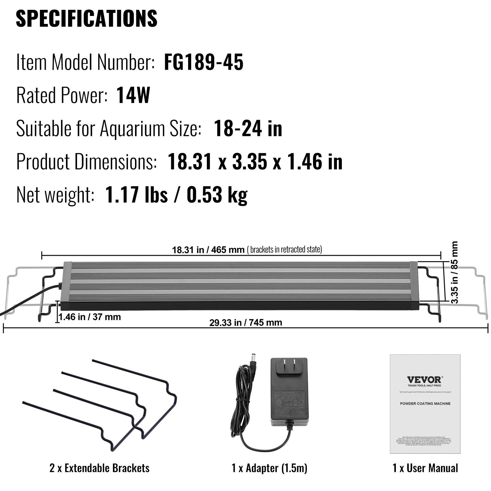 VEVOR Luce per Acquario, a Spettro Completo 14 W con 5 Livelli di Luminosità Regolabile,  Lampada Acquario, con Staffe Estensibili con Guscio in ABS per Acquario d'Acqua Dolce da 45,72 a 60,92 cm