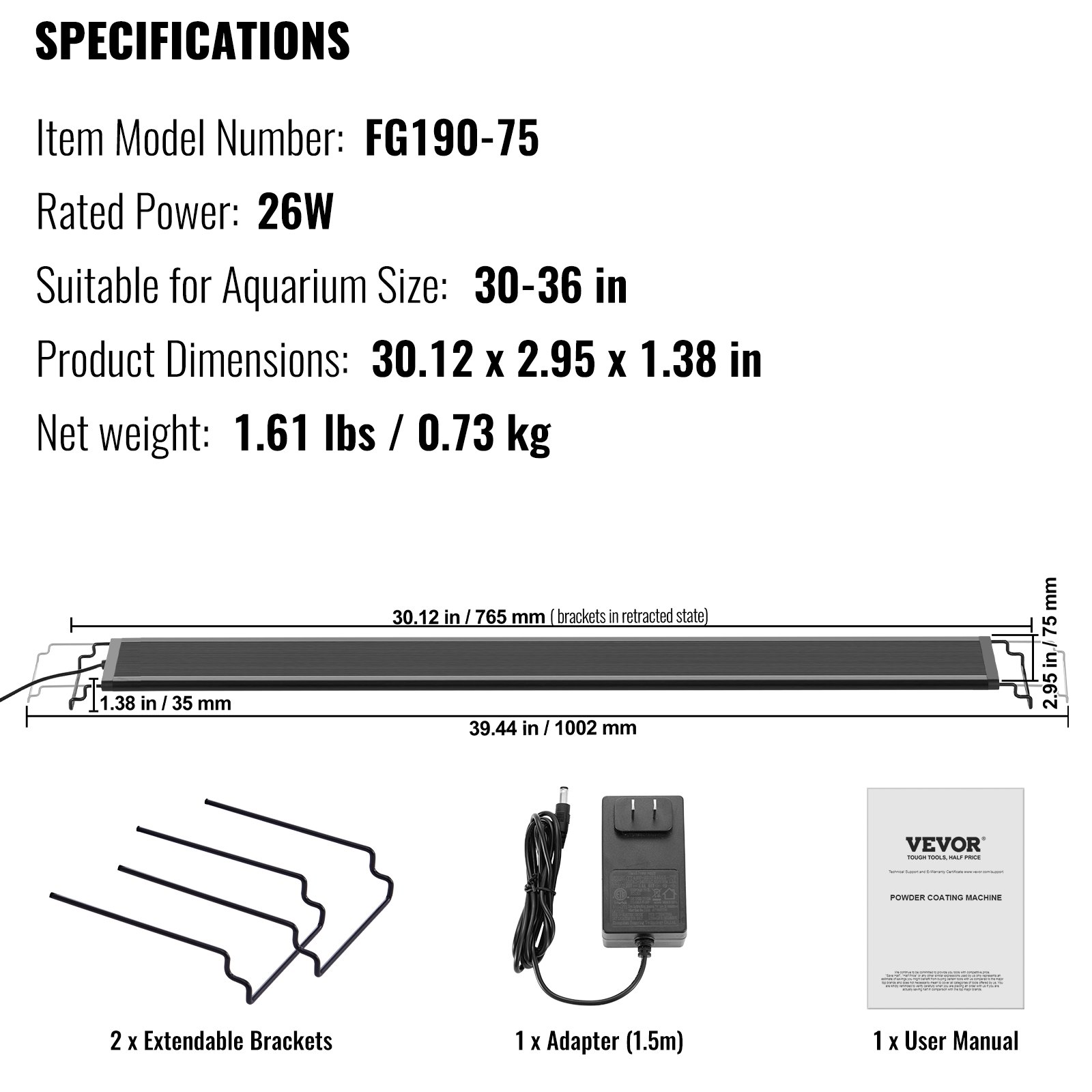 VEVOR Luce per Acquario, a Spettro Completo 26 W Modalità Naturale 24 Ore su 24, Lampada Acquario, Staffe Estensibili Guscio Lega di Alluminio per Acquario con Piante d'Acqua Dolce 76,3 a 91,44 cm
