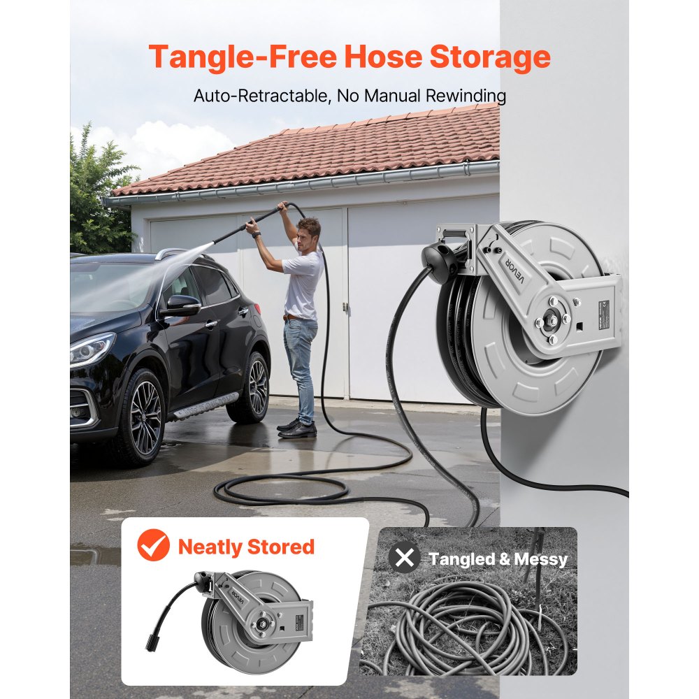 VEVOR Pressure Washer Hose Reel, 19.8 m x 6.4 mm Retractable Power Heavy-Duty Steel Washer Hose Reel, 3200PSI Max, Auto-Rewinding, Flexible Wall/Floor Mounted for Car Washing,Garden,Floor Cleaning