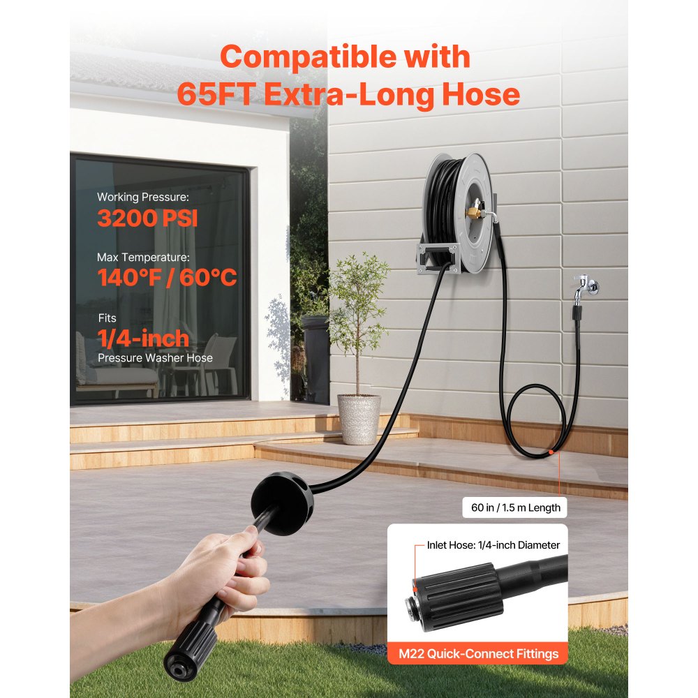 VEVOR Pressure Washer Hose Reel, 19.8 m x 6.4 mm Retractable Power Heavy-Duty Steel Washer Hose Reel, 3200PSI Max, Auto-Rewinding, Flexible Wall/Floor Mounted for Car Washing,Garden,Floor Cleaning