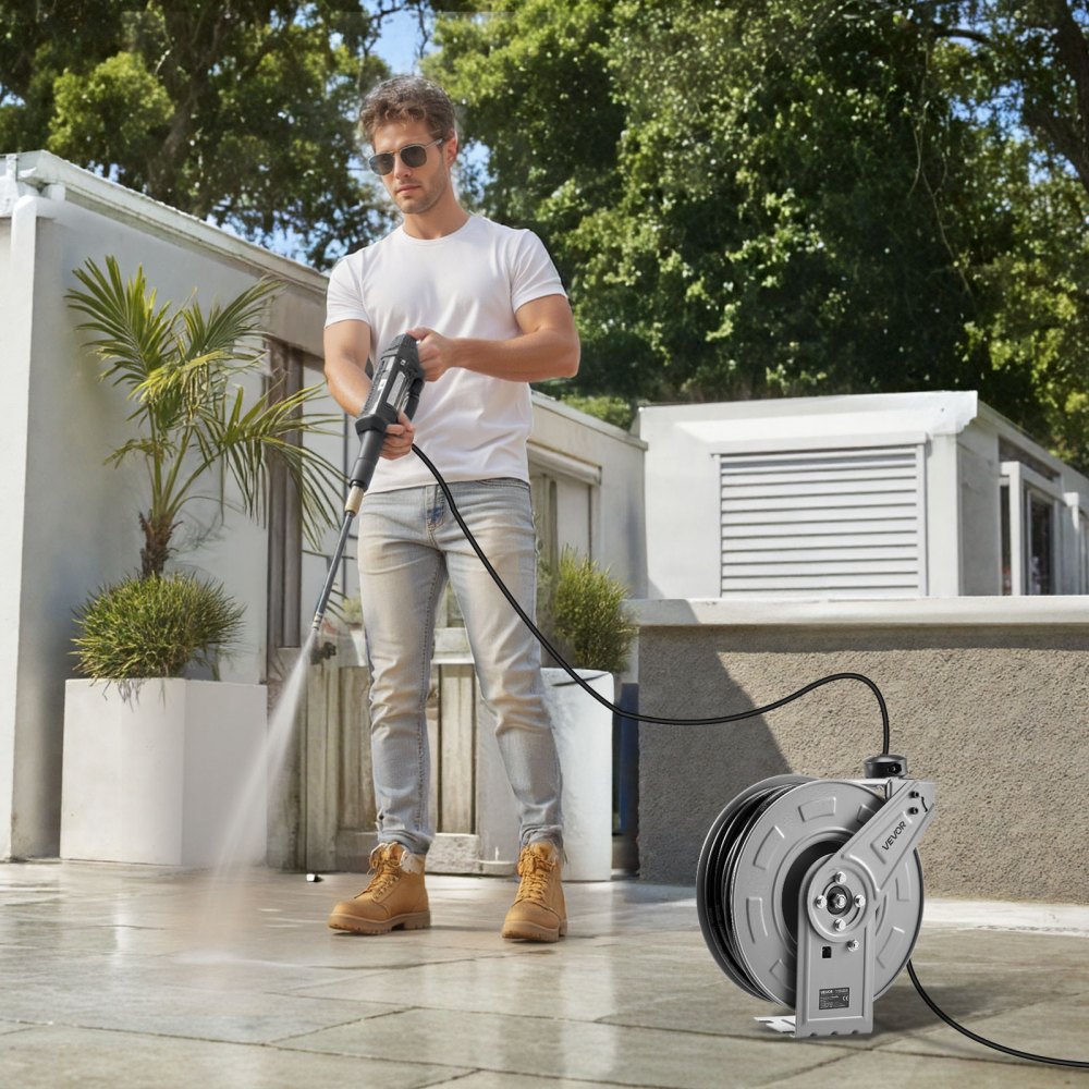 VEVOR Pressure Washer Hose Reel, 19.8 m x 6.4 mm Retractable Power Heavy-Duty Steel Washer Hose Reel, 3200PSI Max, Auto-Rewinding, Flexible Wall/Floor Mounted for Car Washing,Garden,Floor Cleaning