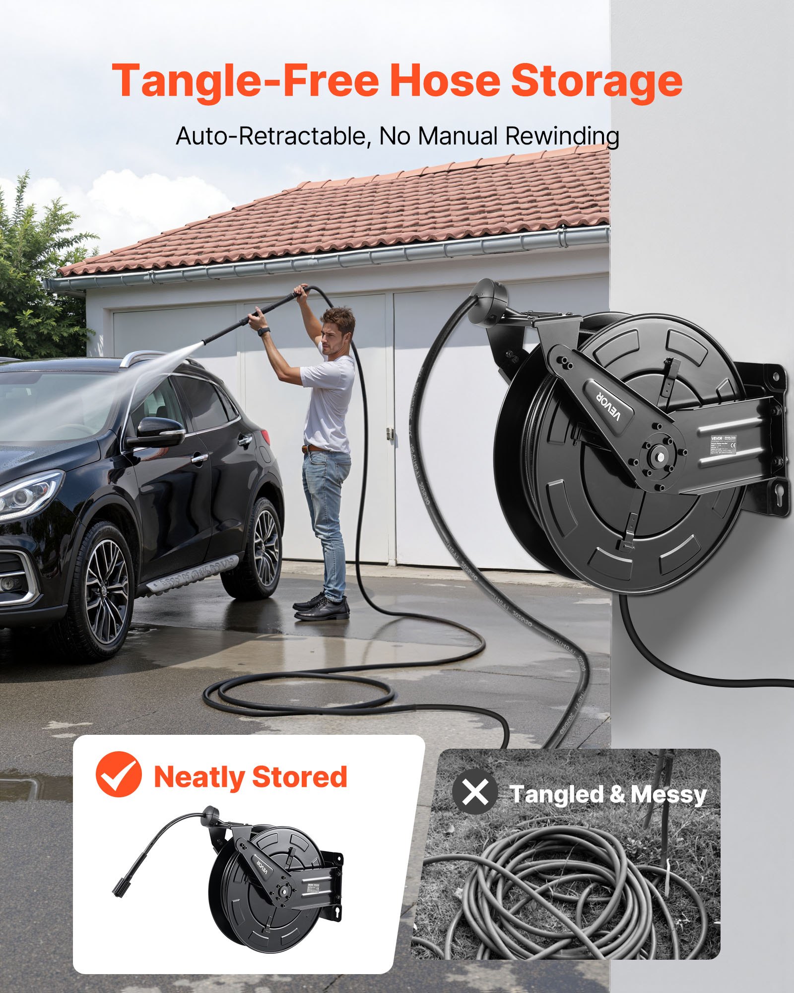 VEVOR Pressure Washer Hose Reel, 15.2 m x 9.5 mm Retractable Power Heavy-Duty Steel Washer Hose Reel, 4000PSI Max, Auto-Rewinding, Flexible Wall/Floor Mounted for Car Washing,Garden,Floor Cleaning