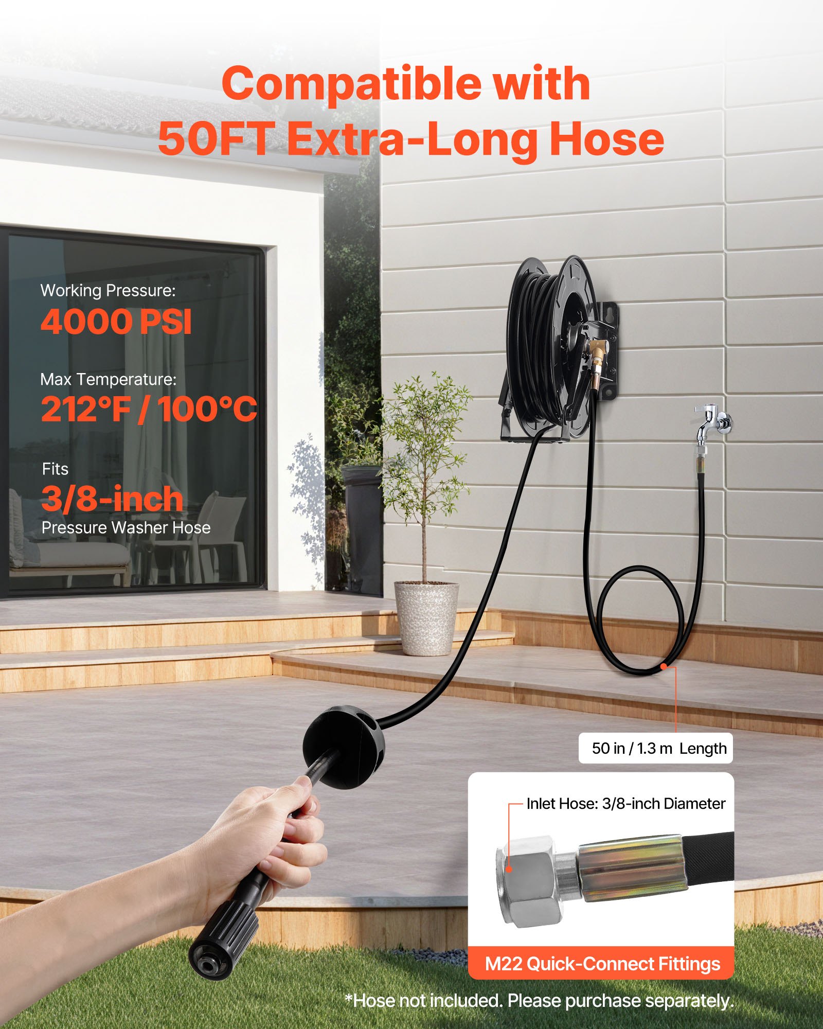 VEVOR Pressure Washer Hose Reel, 15.2 m x 9.5 mm Retractable Power Heavy-Duty Steel Washer Hose Reel, 4000PSI Max, Auto-Rewinding, Flexible Wall/Floor Mounted for Car Washing,Garden,Floor Cleaning