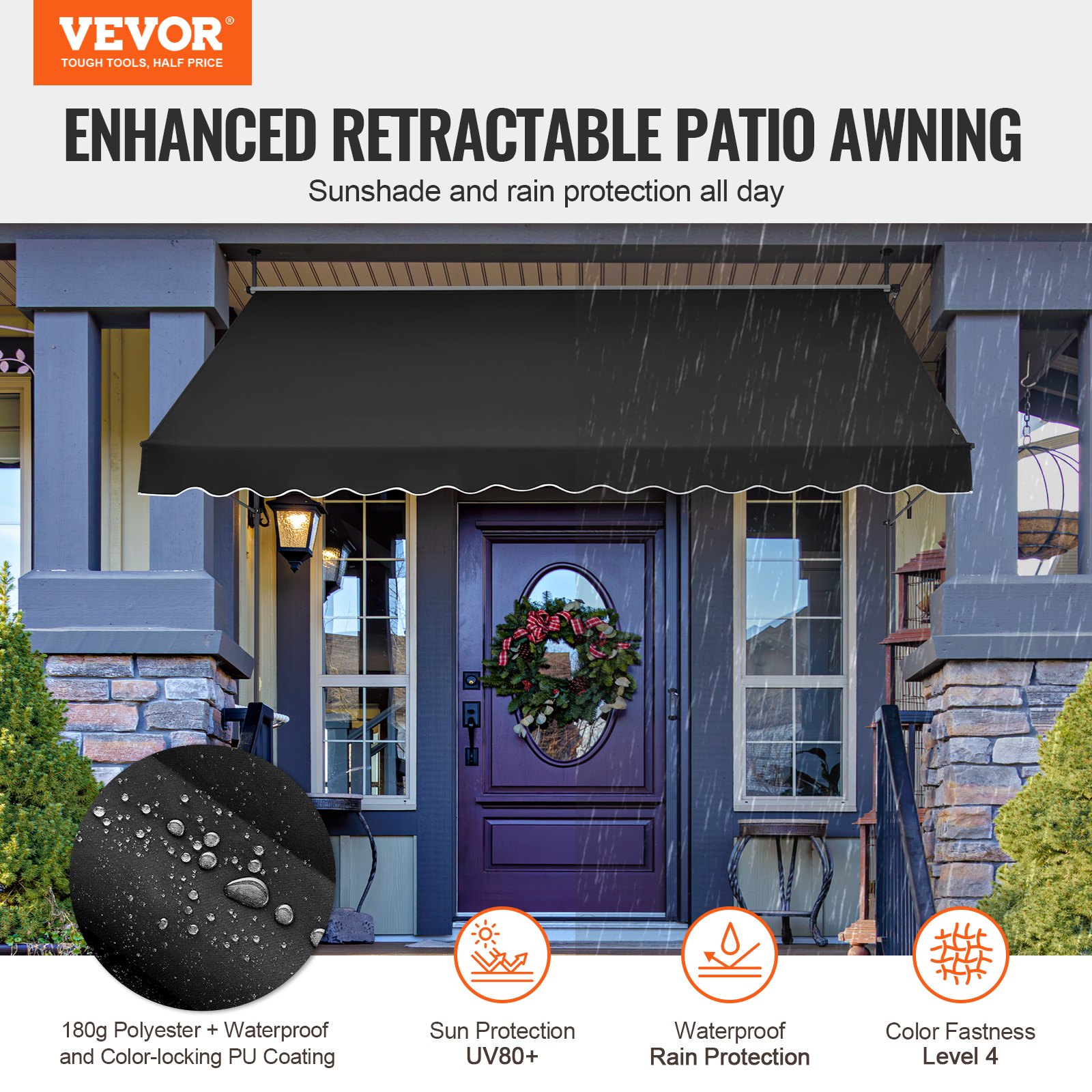 VEVOR Tenda da Terra Retrattile 350 x 120 cm Tenda Manuale con Manovella, Altezza Regolabile 218-310 cm Tenda da Sole per Balcone Esterno Resistente ai Raggi UV, per Terrazza/Balcone/Cortile, Nero