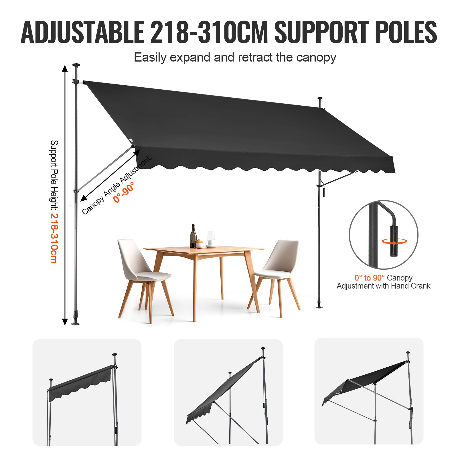 VEVOR Tenda da Terra Retrattile 350 x 120 cm Tenda Manuale con Manovella, Altezza Regolabile 218-310 cm Tenda da Sole per Balcone Esterno Resistente ai Raggi UV, per Terrazza/Balcone/Cortile, Nero