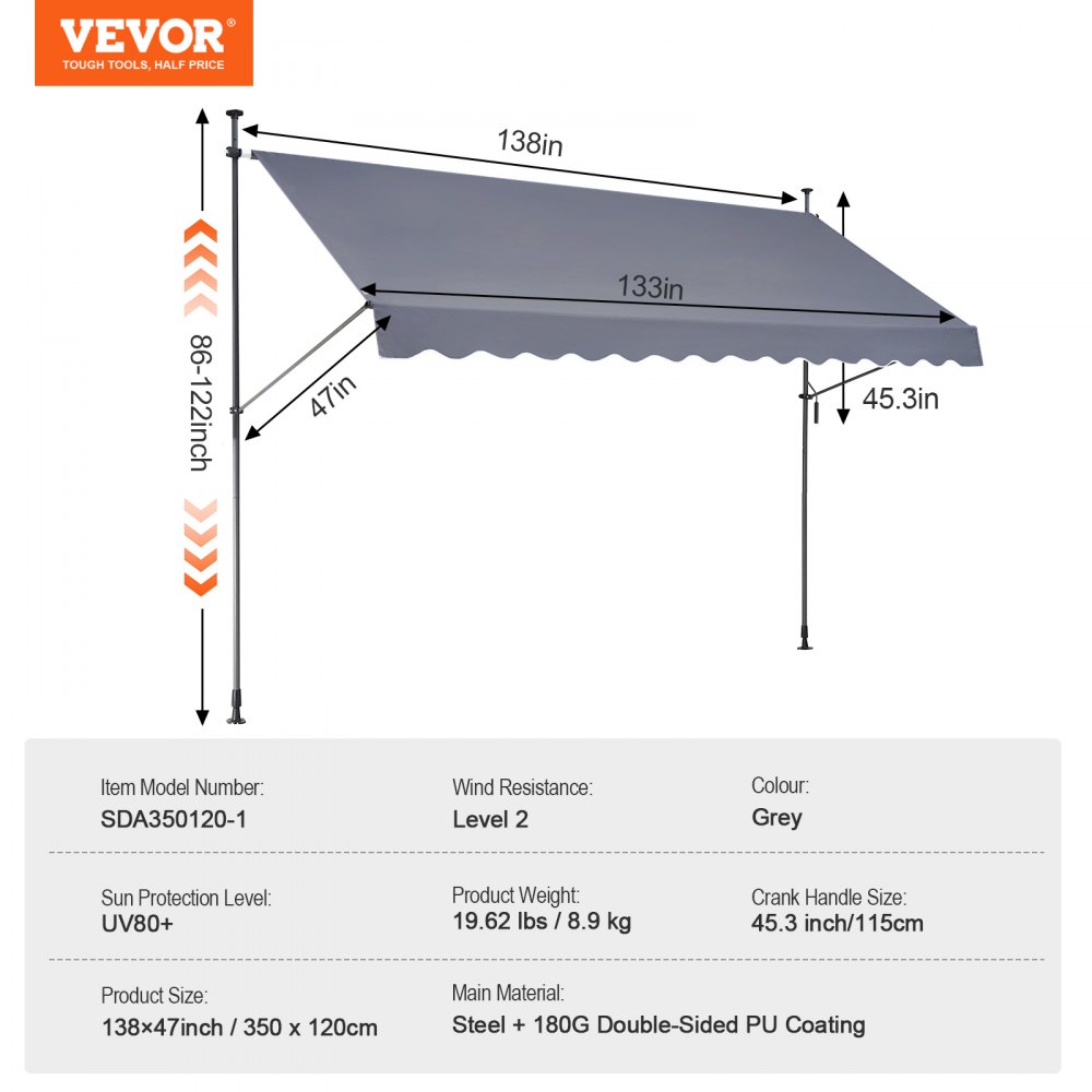 VEVOR Tenda da Terra Retrattile 350 x 120 cm Tenda Manuale con Manovella, Altezza Regolabile 218-310 cm Tenda da Sole per Balcone Esterno Resistente ai Raggi UV, per Terrazza/Balcone/Cortile, Grigio