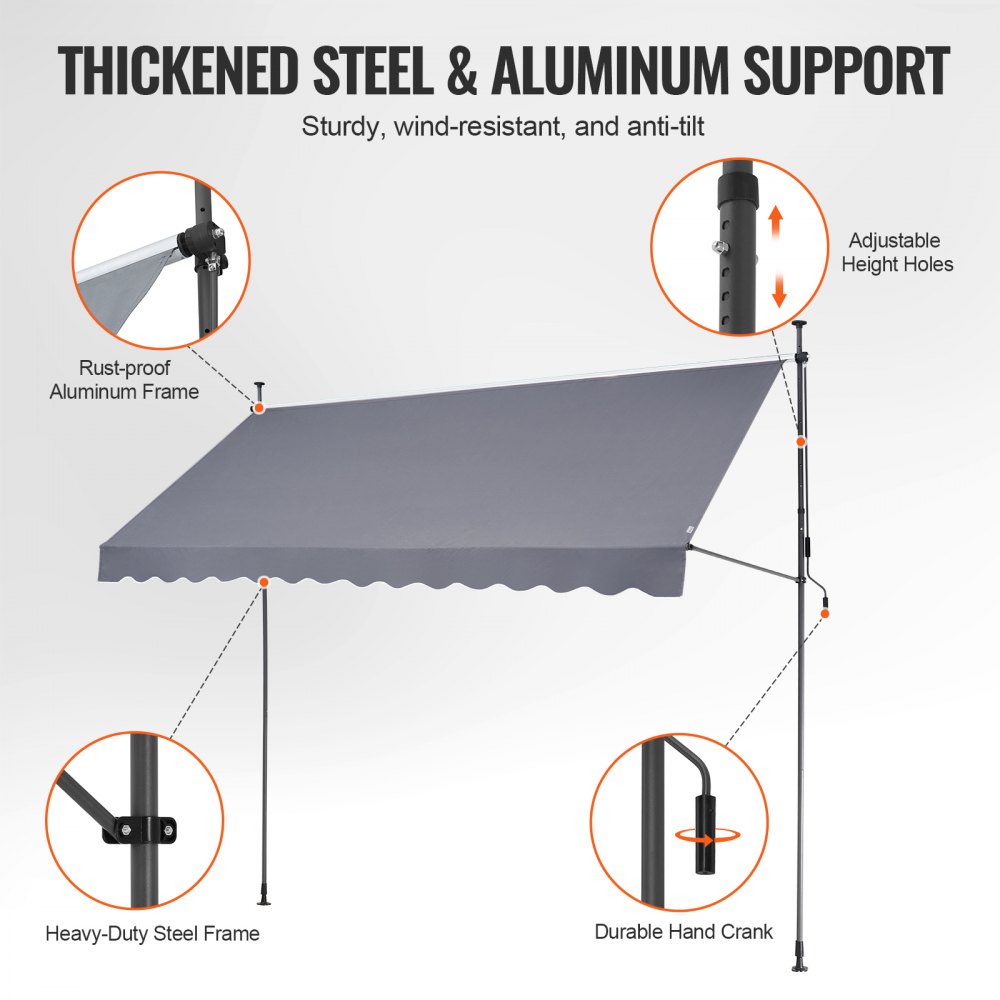 VEVOR Tenda da Terra Retrattile 350 x 120 cm Tenda Manuale con Manovella, Altezza Regolabile 218-310 cm Tenda da Sole per Balcone Esterno Resistente ai Raggi UV, per Terrazza/Balcone/Cortile, Grigio