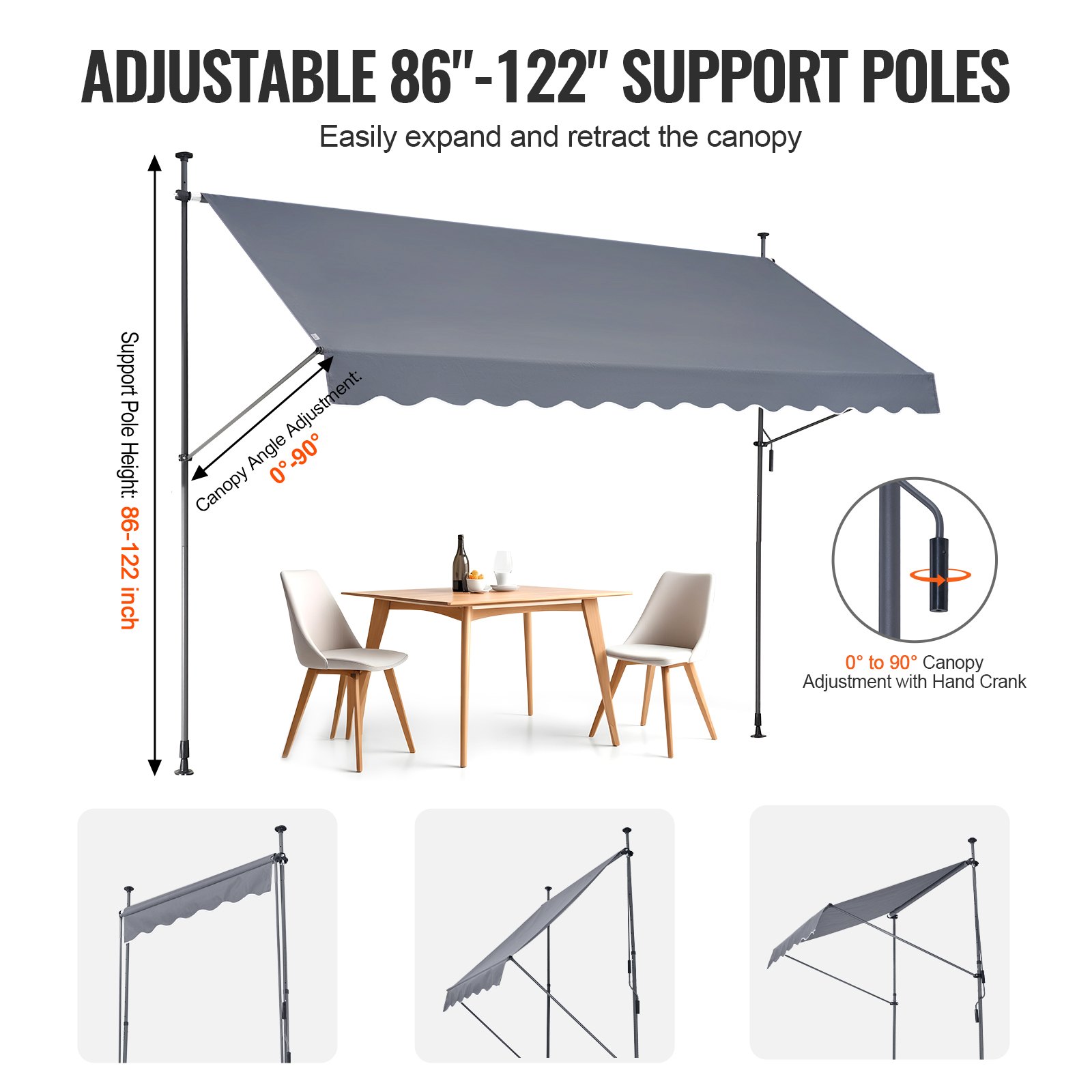 VEVOR Tenda da Terra Retrattile 350 x 120 cm Tenda Manuale con Manovella, Altezza Regolabile 218-310 cm Tenda da Sole per Balcone Esterno Resistente ai Raggi UV, per Terrazza/Balcone/Cortile, Grigio