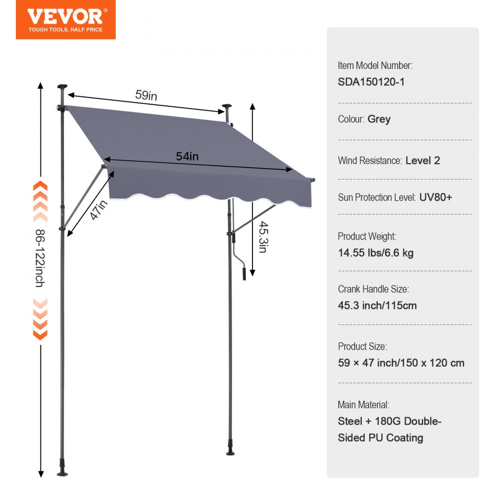 VEVOR Clamp Awning 150 x 120 cm, Balcony Awning with Hand Crank, Sun Awning, Patio Cover Sunsetter Deck, Height Adjustable from 218 to 309 cm, Awning for Patio/Balcony/Garden, Grey