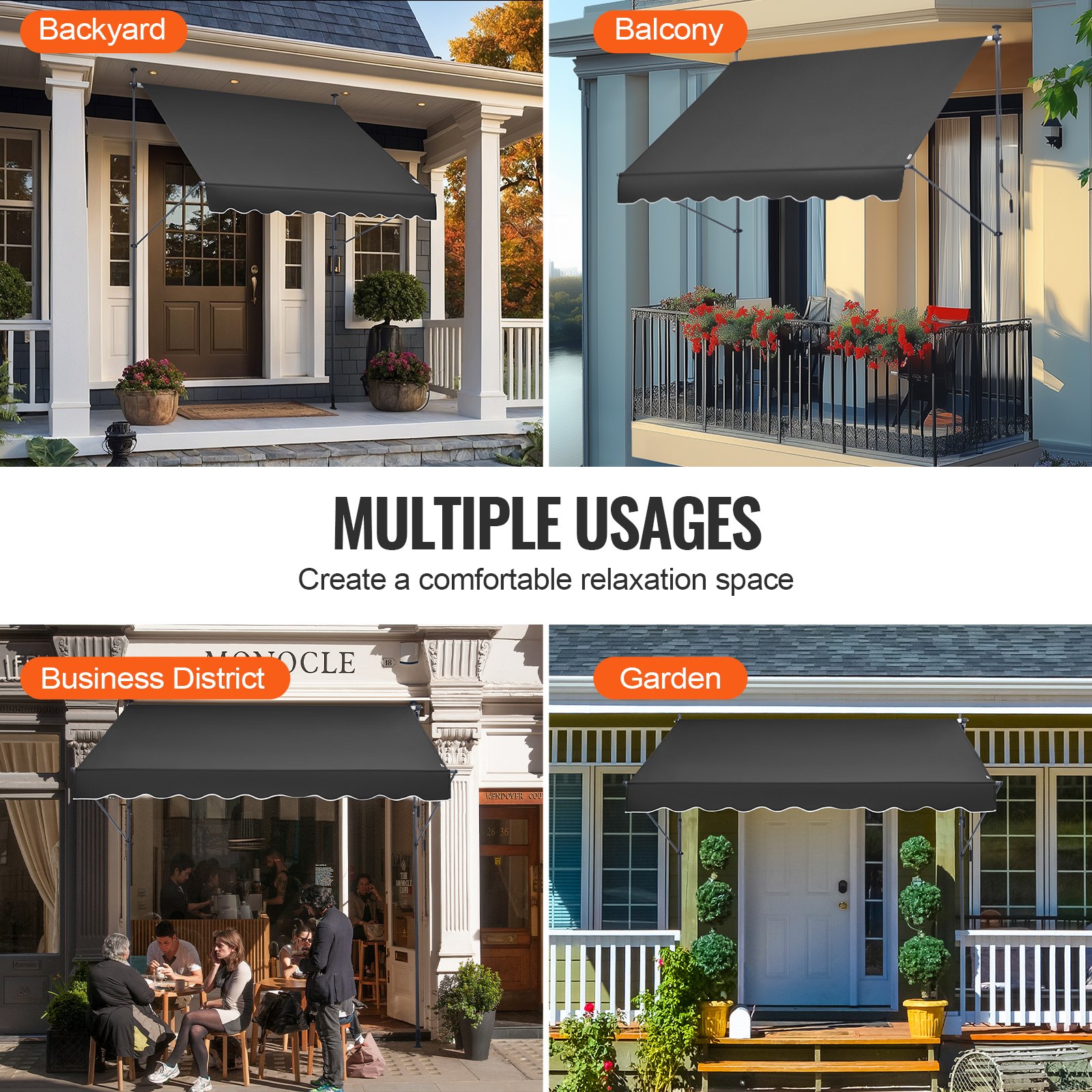 VEVOR Tenda da Terra Retrattile 250 x 120 cm Tenda Manuale con Manovella, Altezza Regolabile 218-310 cm Tenda da Sole per Balcone Esterno Resistente ai Raggi UV, per Terrazza/Balcone/Cortile, Nero