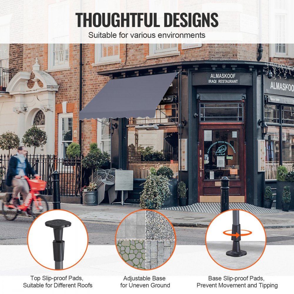 VEVOR Clamp Awning 250 x 120 cm, Balcony Awning with Hand Crank, Sun Awning, Patio Cover Sunsetter Deck, Height Adjustable from 218 to 309 cm, Awning for Patio/Balcony/Garden, Grey