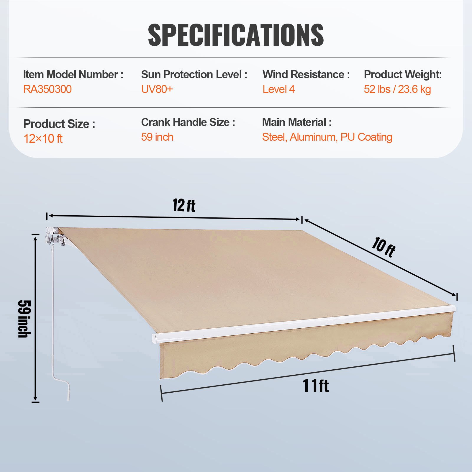 VEVOR Tenda da Sole Retrattile 3,6 x 3 m, Tenda da Sole Manuale per Balcone Cortile Giardino 40°-90° Frangivento Anti Raggi UV, Tenda Parasole Frangivista RetrattileTerrazza Balcone Giardino Cortile