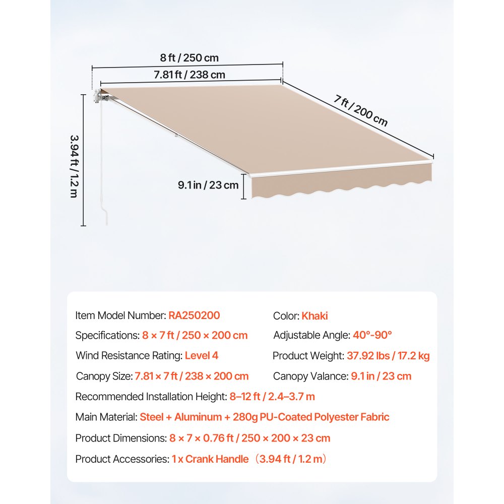 VEVOR Manual Retractable Awning, 8.2 x 6.56 ft Outdoor Patio Awning Retractable Sun Shade, Water-Resistant Polyester Patio Door Window Awning Sunshade Shelter with Crank Handle for Backyard, Balcony