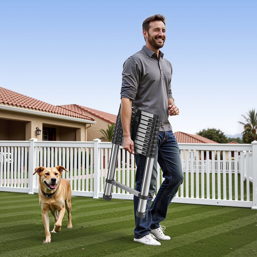 VEVOR Scala Telescopica Portatili a 11 Gradini, Capacità di Carico di 150 kg Scala Estensibile Leggera in Acciaio Inossidabile da 3140 mm Piedini Antiscivolo, per Casa, Camper, Soffitta