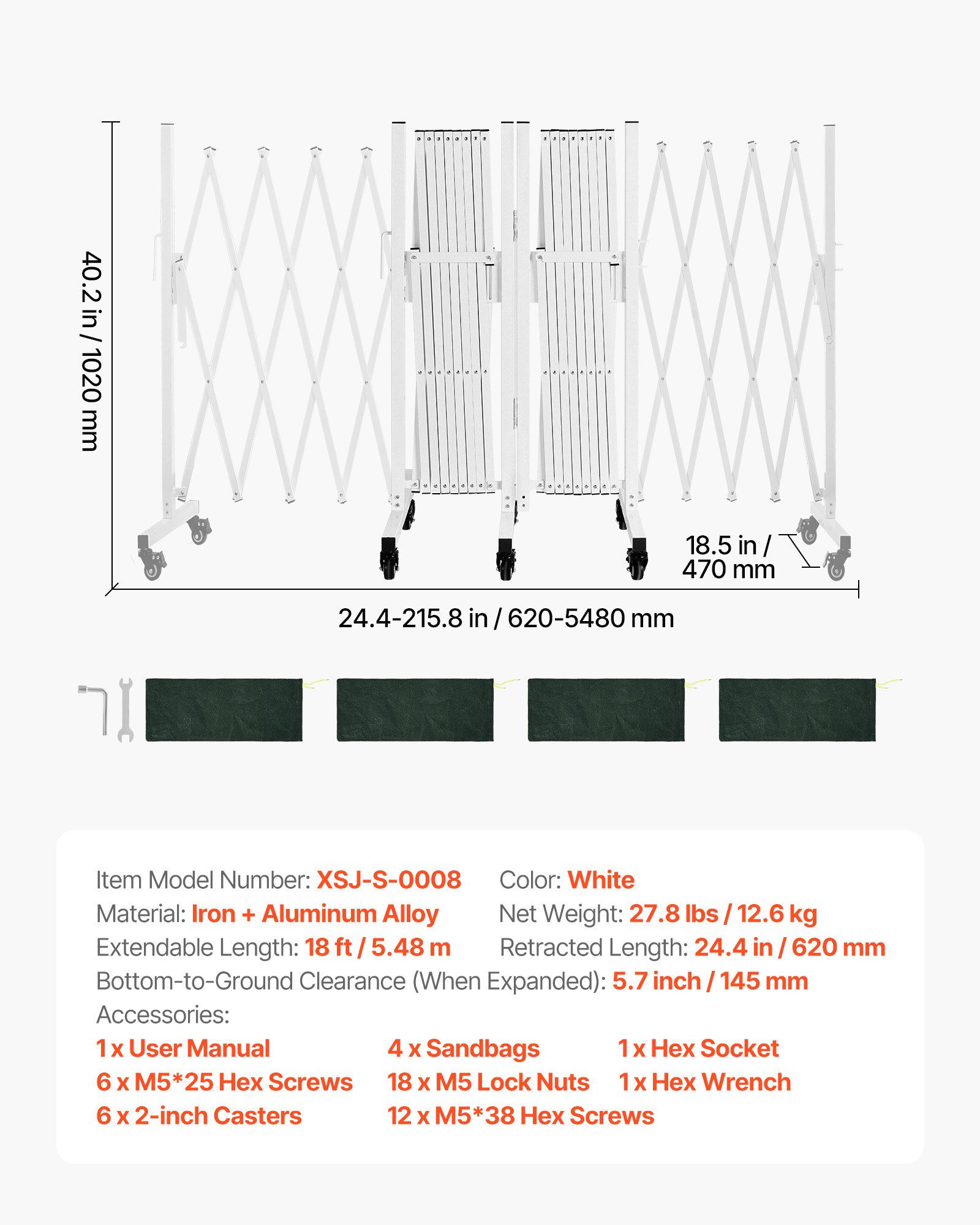 VEVOR Barricata Mobile Espandibile Barriera di Sicurezza Doppia da 5,48 m Barriera Flessibile con Ruote Bloccabili Cancello Controllo della Folla Recinzione Espandibile Stradale, Bianco