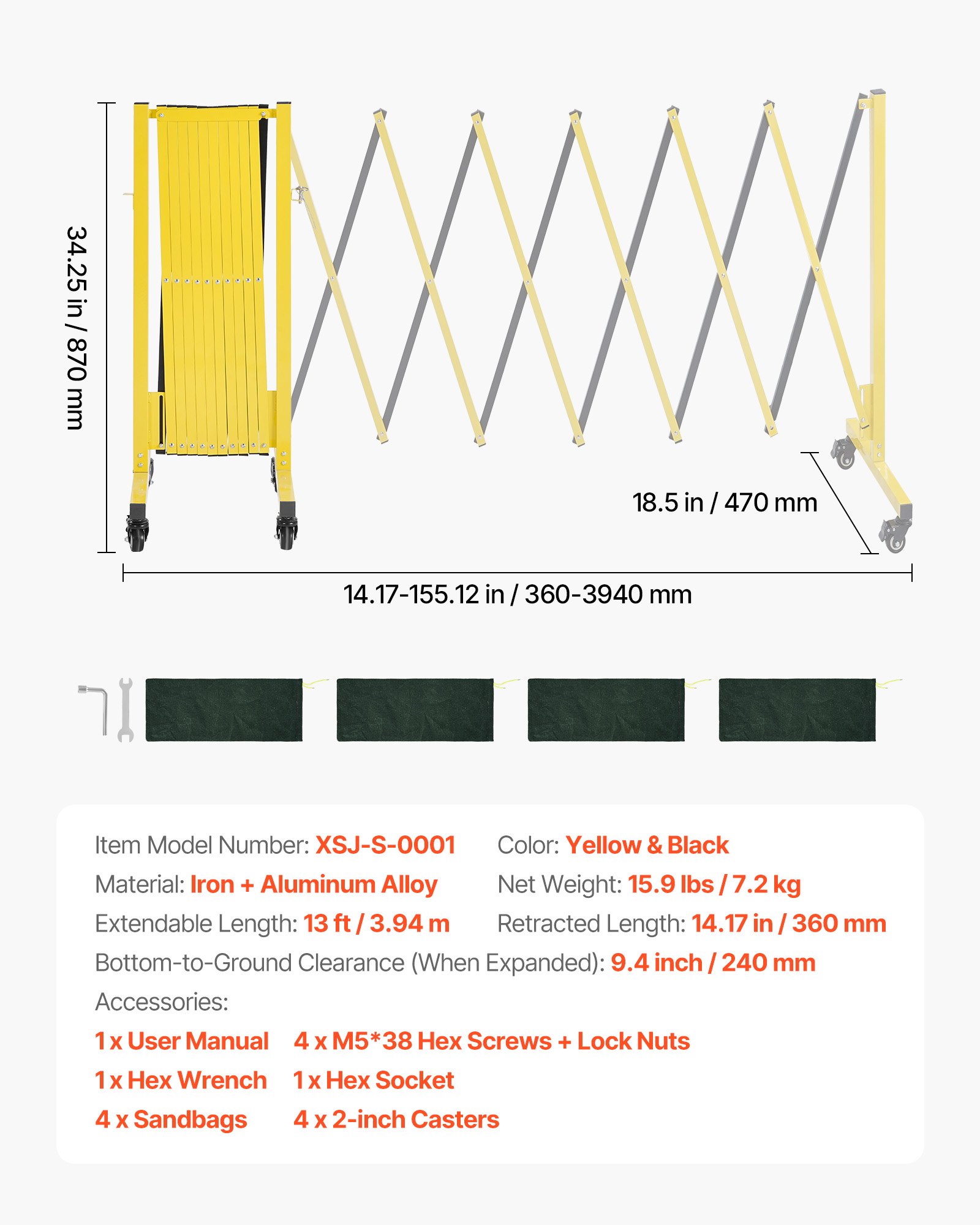 VEVOR Barricata Mobile Espandibile Barriera Controllo della Folla di Sicurezza 3,94 m, Cancello Espandibile Barricato Altezza da Terra Estesa 240 mm Recinzione in Metallo per Giardino Vialetto