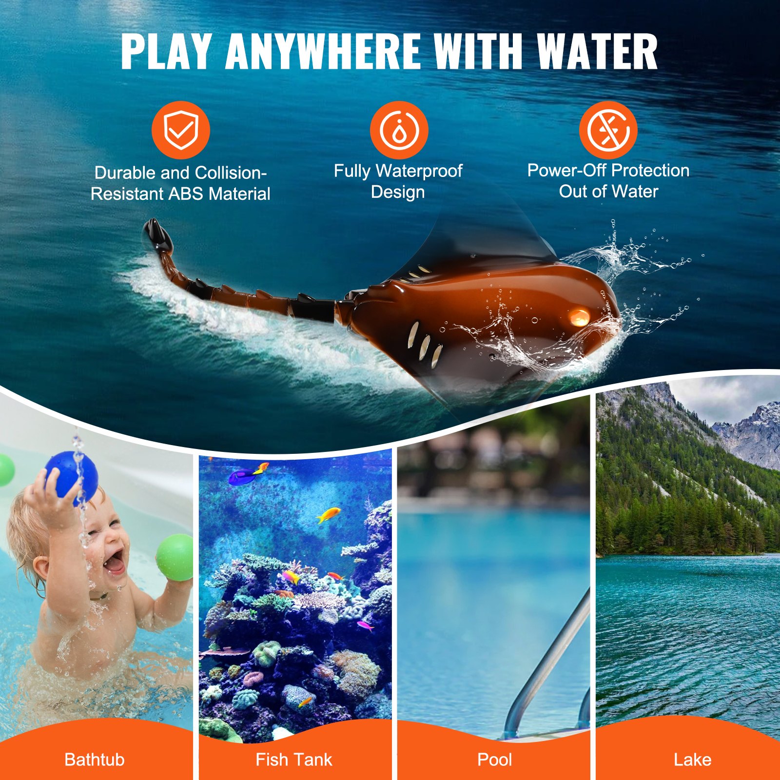 VEVOR Manta Ray Toy with Remote Control, 2.4 GHz Highly Simulated Manta Ray Robot with Light, 2 Rechargeable Batteries, for Pool, Bathtub or Lake, Remote Controlled Floating Boat Toy for Boys and Girls Ages 6 and Up, Gift