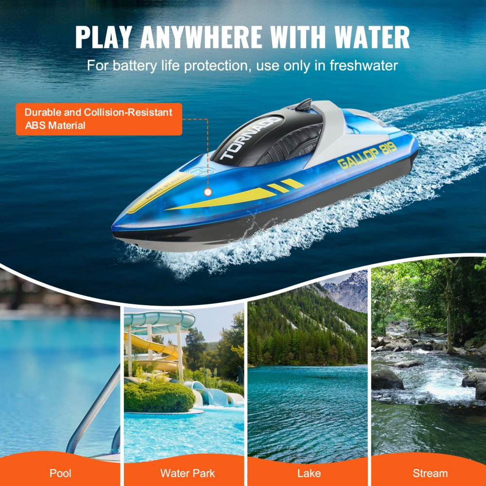 VEVOR RC Boat, 2.4GHz 12km/h, Remote Controlled Boat for Pools & Lakes, Racing Boat with LED Lights, 2 Rechargeable Batteries, Fully Waterproof, Water Toy Gift for Adults, Boys & Girls, Blue