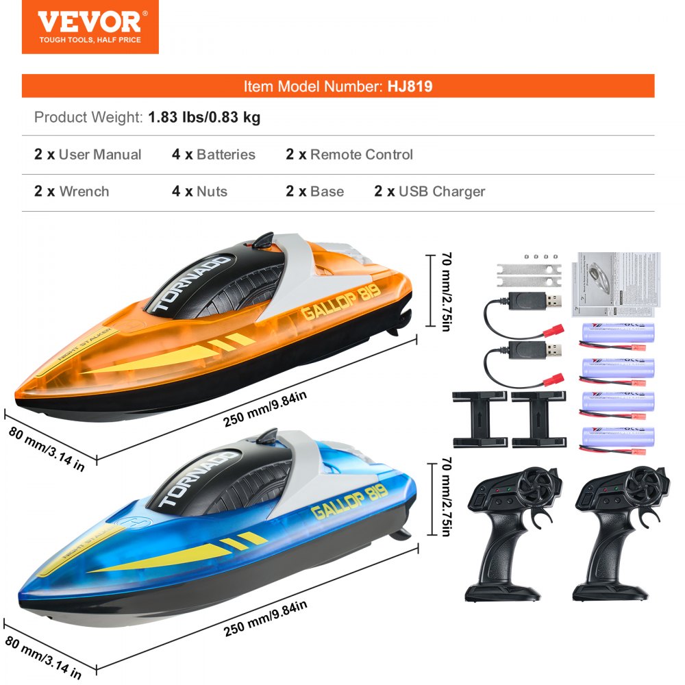 VEVOR RC Boat, 2-Pack 2.4 GHz 12 km/h, Remote Controlled Boat for Pools & Lakes, Racing Boat with LED Lights, 4 Rechargeable Batteries, Fully Waterproof, Gift for Adult Boys & Girls, Blue & Orange