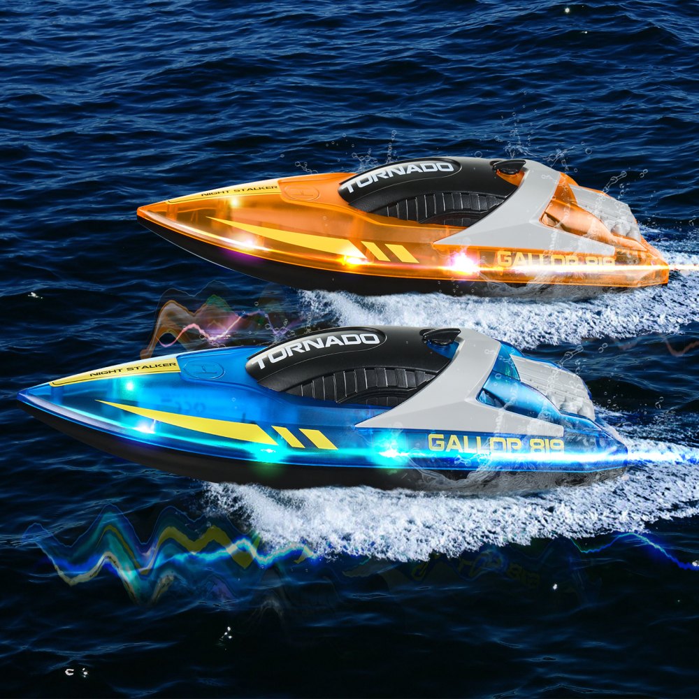 VEVOR RC Boat, 2-Pack 2.4 GHz 12 km/h, Remote Controlled Boat for Pools & Lakes, Racing Boat with LED Lights, 4 Rechargeable Batteries, Fully Waterproof, Gift for Adult Boys & Girls, Blue & Orange
