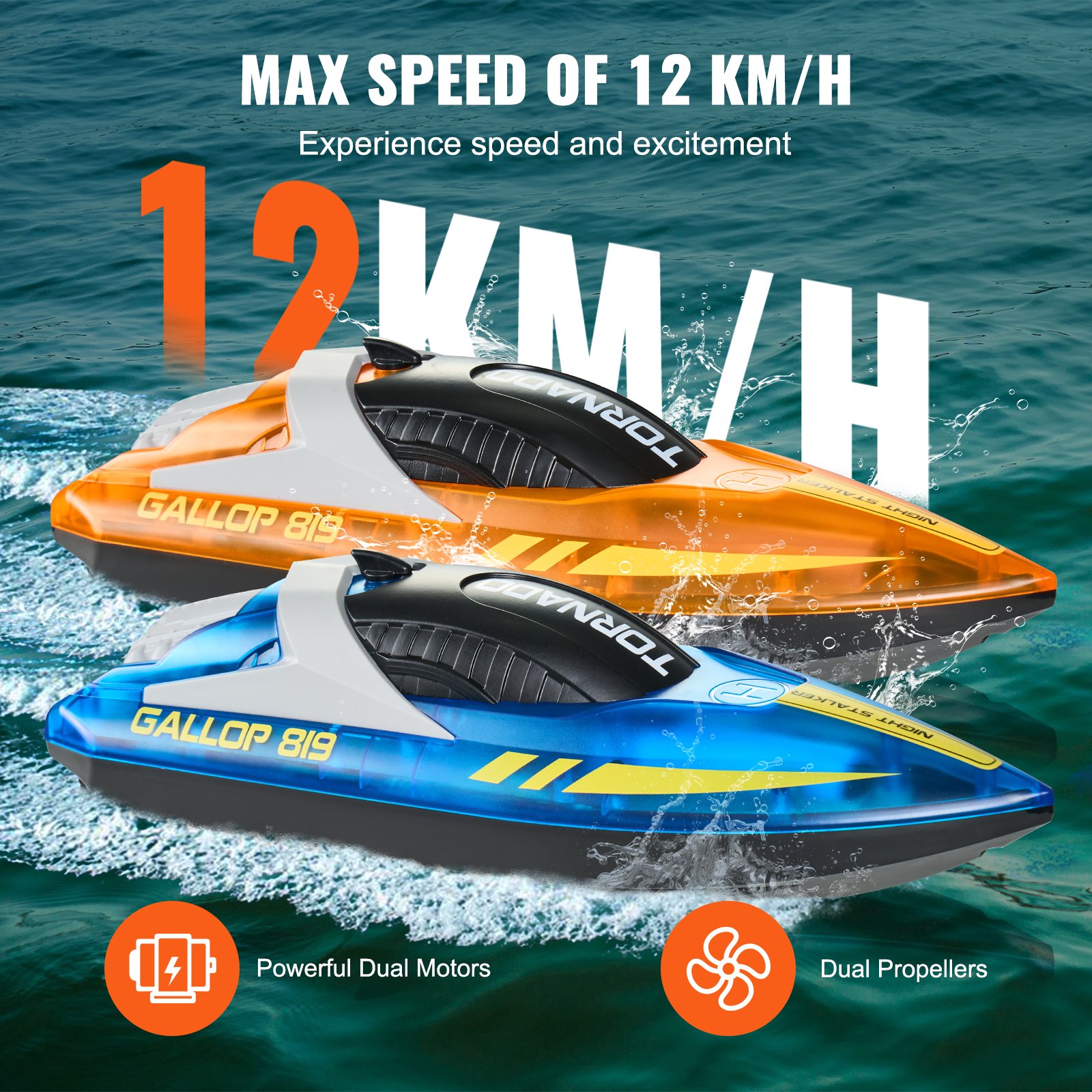 VEVOR RC Boat, 2-Pack 2.4 GHz 12 km/h, Remote Controlled Boat for Pools & Lakes, Racing Boat with LED Lights, 4 Rechargeable Batteries, Fully Waterproof, Gift for Adult Boys & Girls, Blue & Orange