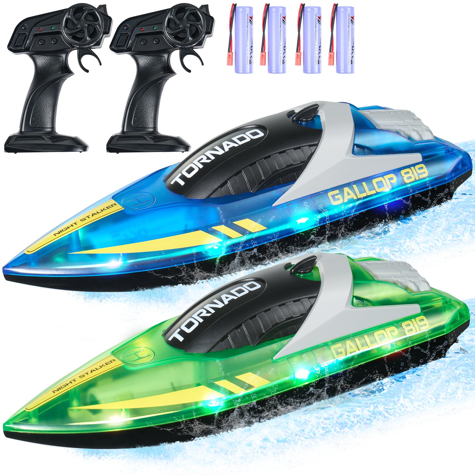 VEVOR Barca RC Giocattolo 2 Barche Telecomandate 2,4 GHz 12 km/h per Piscine Laghi, Barca da Regata con Luce LED, Impermeabile per Tutto il Corpo, Giocattolo Acquario RC Barca 2 Pezzi, Blu e Verde