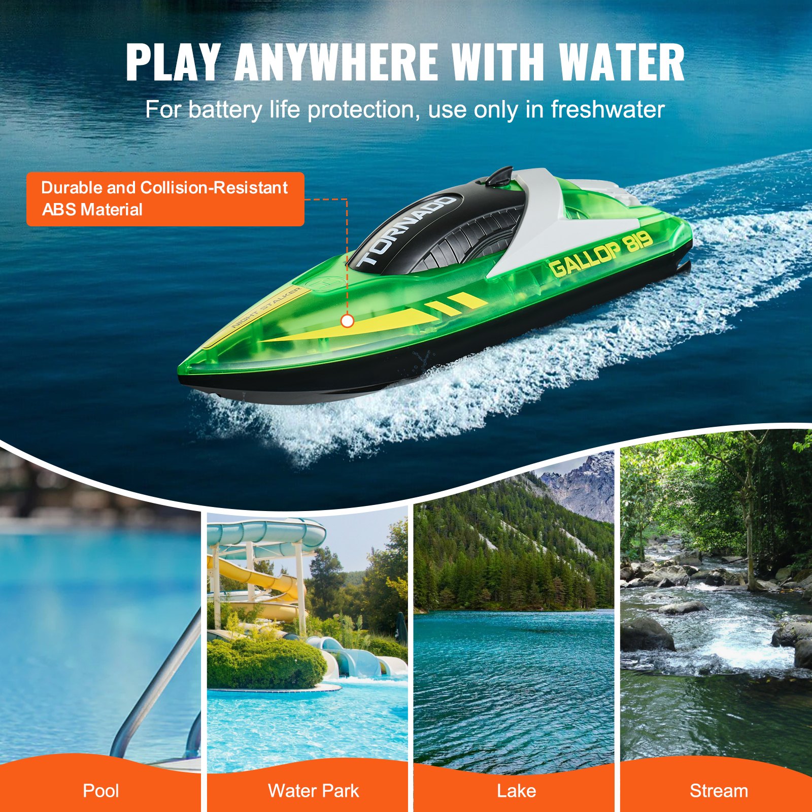 VEVOR RC Boat, 2.4GHz 12km/h, Remote Controlled Boat for Pools & Lakes, Racing Boat with LED Lights, 2 Rechargeable Batteries, Fully Waterproof, Water Toy Gift for Adults, Boys & Girls, Green
