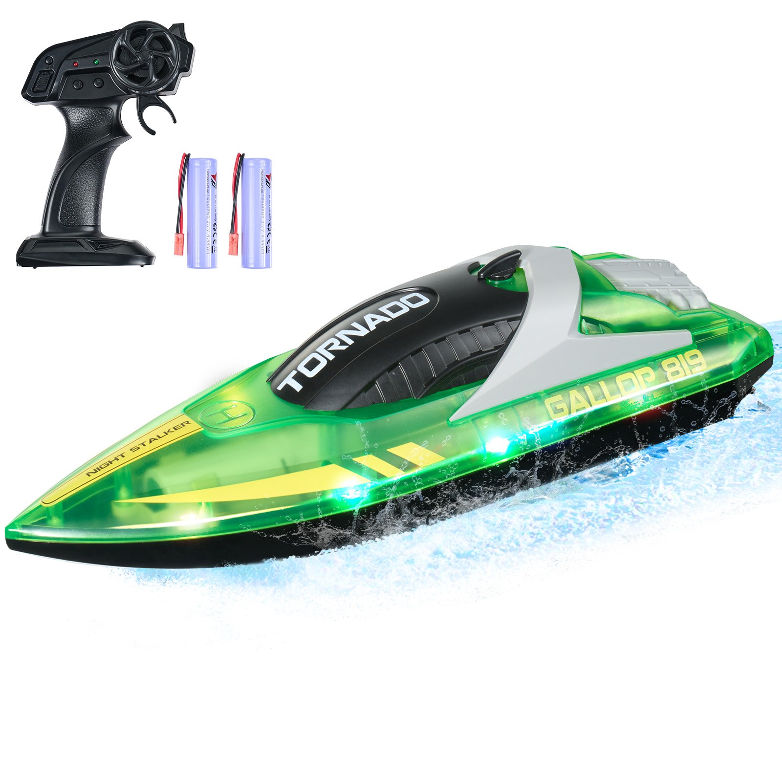VEVOR RC Boat, 2.4GHz 12km/h, Remote Controlled Boat for Pools & Lakes, Racing Boat with LED Lights, 2 Rechargeable Batteries, Fully Waterproof, Water Toy Gift for Adults, Boys & Girls, Green