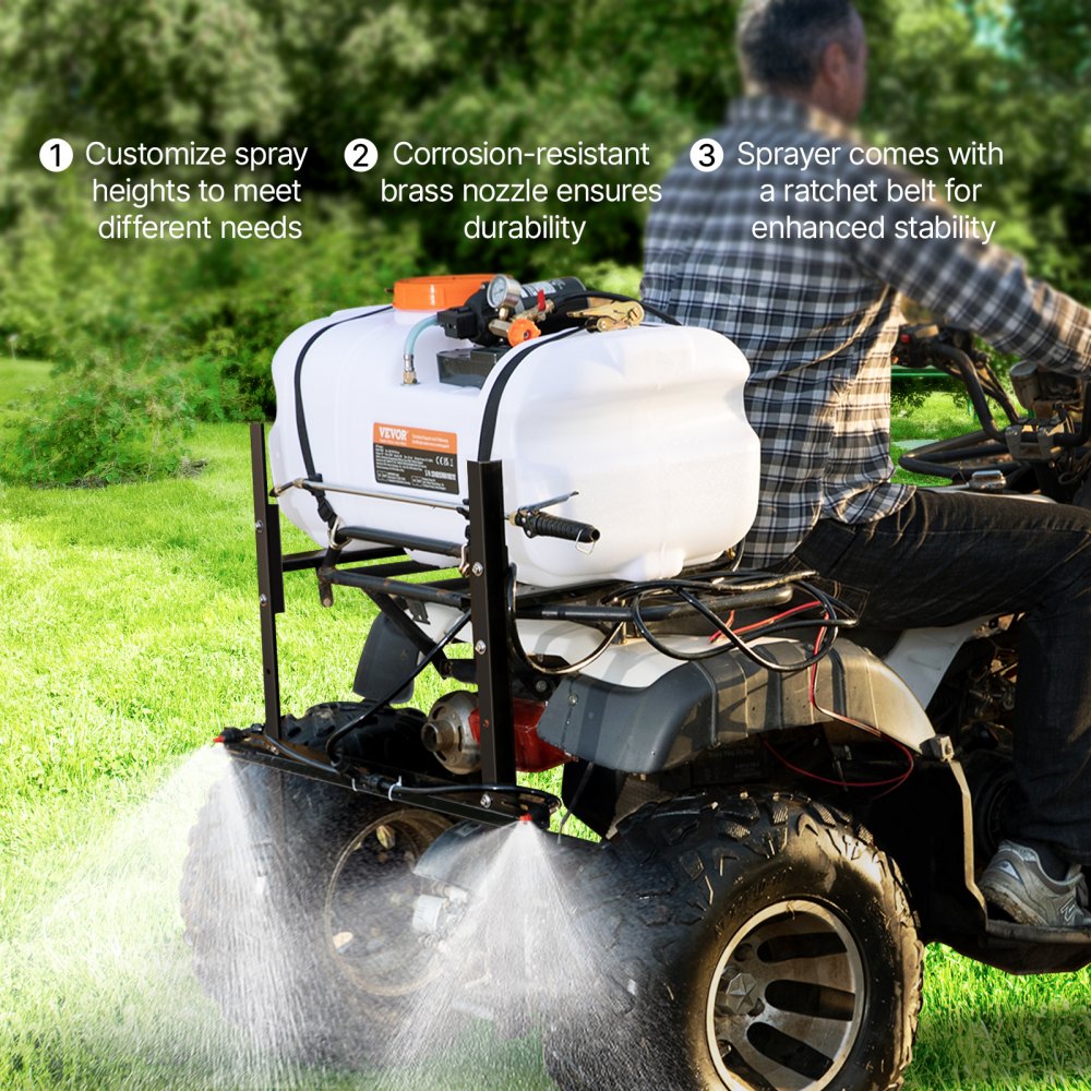 VEVOR Spruzzatore per ATV UTV 60 L, Spruzzatore da Giardino con Pompa 12 V Serbatoio dell'Acqua, Polverizzatore con Tubo da 6,1 m, Portata della Pompa 7 L/min, Pressione Regolabile 0-72 PSI, Bianco