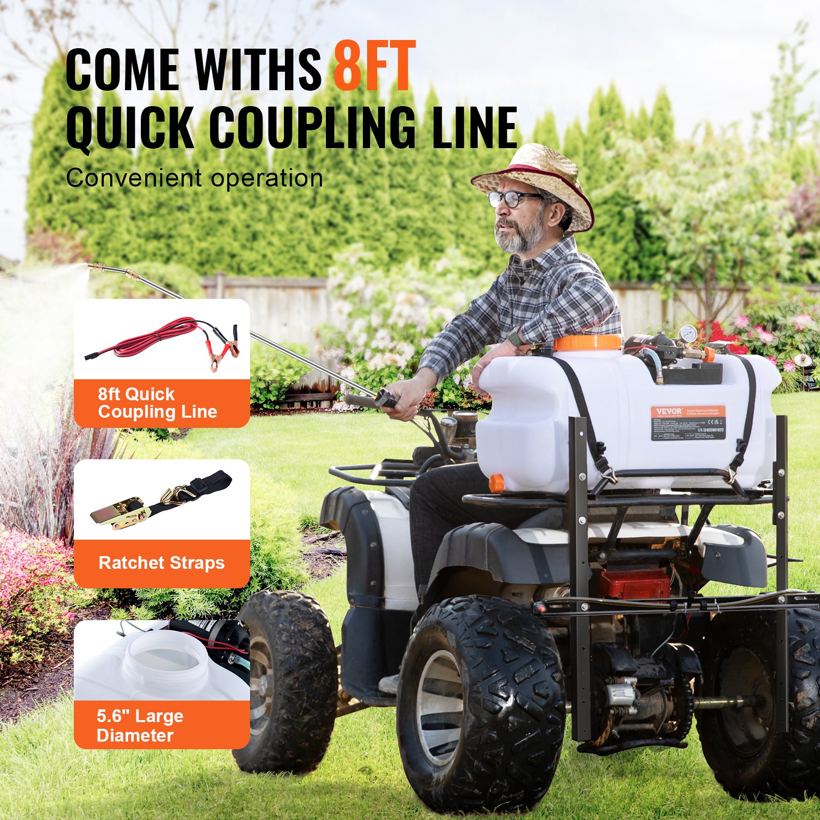 VEVOR Spruzzatore per ATV UTV 60 L, Spruzzatore da Giardino con Pompa 12 V Serbatoio dell'Acqua, Polverizzatore con Tubo da 6,1 m, Portata della Pompa 7 L/min, Pressione Regolabile 0-72 PSI, Bianco