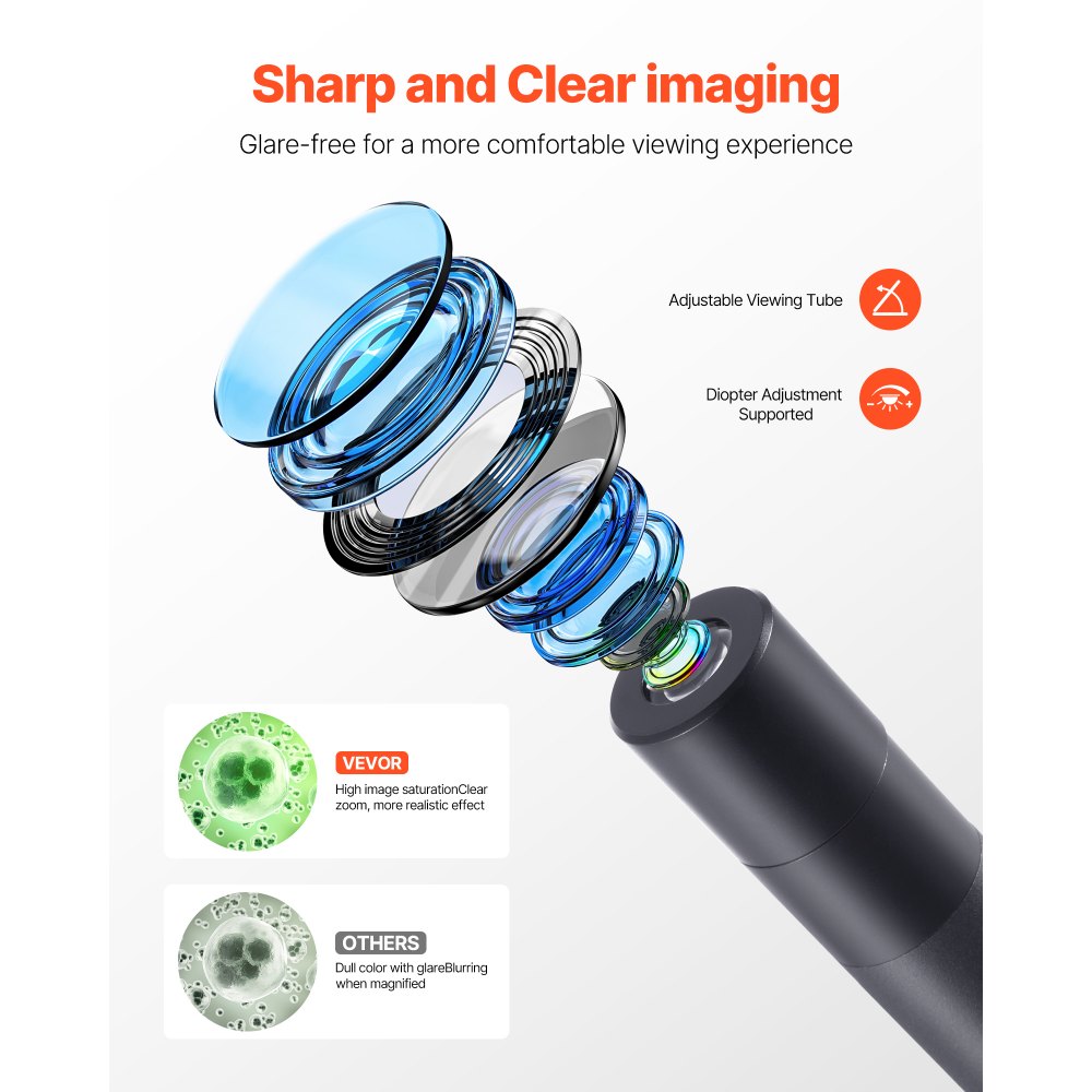 VEVOR Microscopio Trinoculare, Kit Microscopio Composto con Ingrandimento 40-5000X, Corpo in Lega di Alluminio, Illuminazione a LED Supporto per Telefono Inclusi, per Laboratorio, Scuola