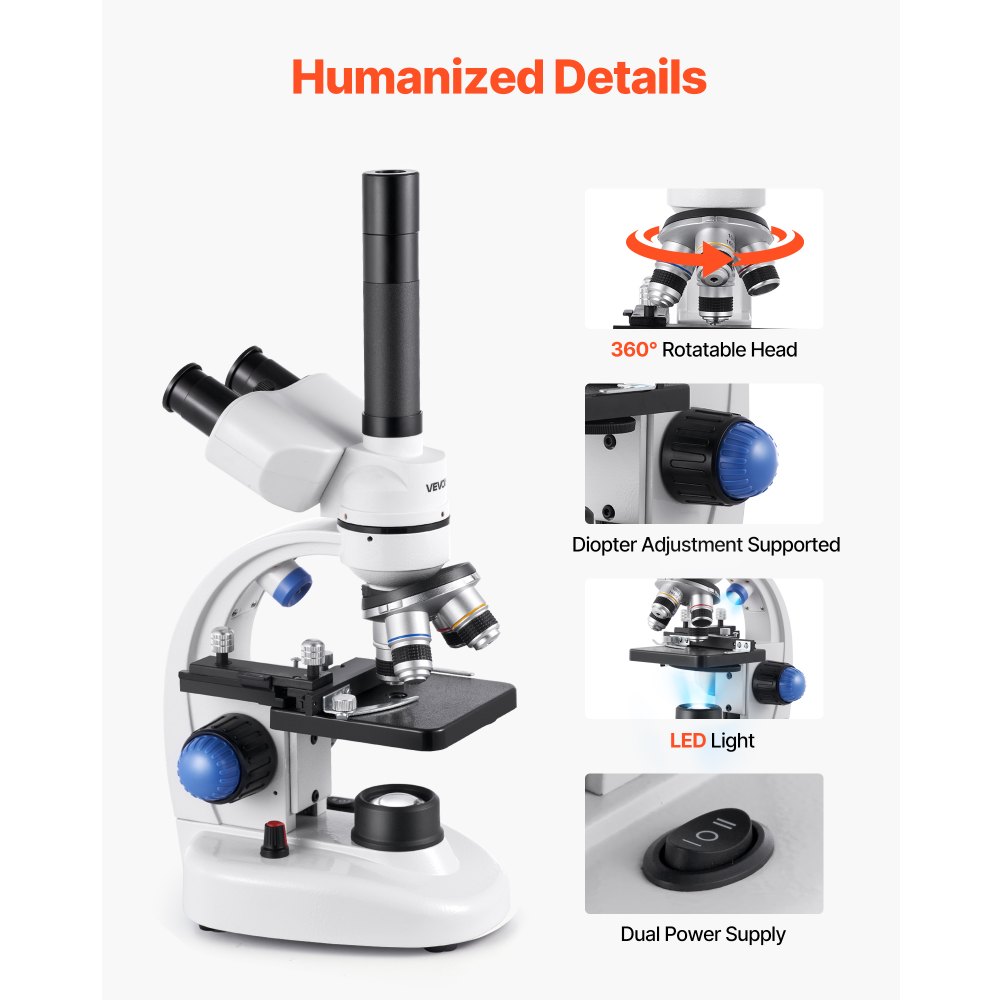 VEVOR Microscopio Trinoculare, Kit Microscopio Composto con Ingrandimento 40-5000X, Corpo in Lega di Alluminio, Illuminazione a LED Supporto per Telefono Inclusi, per Laboratorio, Scuola
