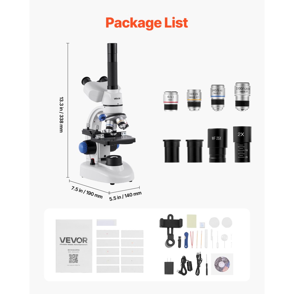 VEVOR Microscopio Trinoculare, Kit Microscopio Composto con Ingrandimento 40-5000X, Corpo in Lega di Alluminio, Illuminazione a LED Supporto per Telefono Inclusi, per Laboratorio, Scuola