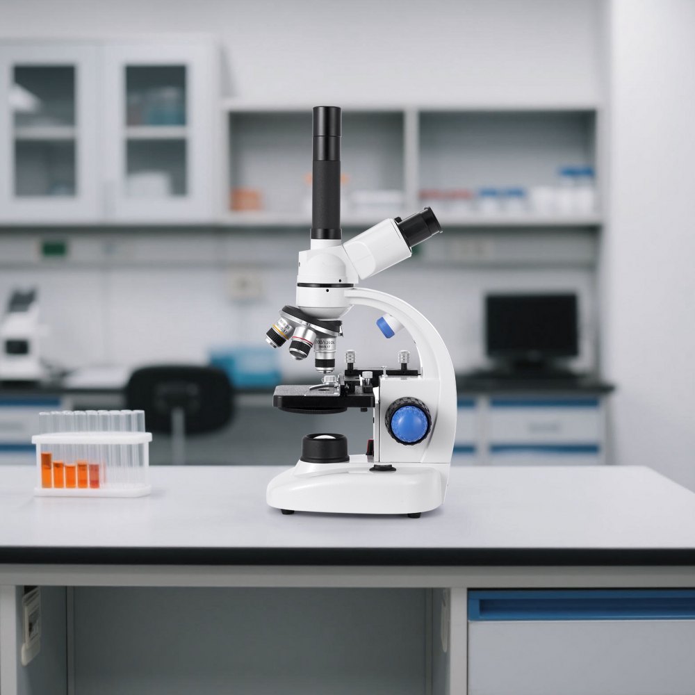 VEVOR Microscopio Trinoculare, Kit Microscopio Composto con Ingrandimento 40-5000X, Corpo in Lega di Alluminio, Illuminazione a LED Supporto per Telefono Inclusi, per Laboratorio, Scuola