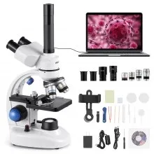 VEVOR Microscopio Trinoculare, Kit Microscopio Composto con Ingrandimento 40-5000X, Corpo in Lega di Alluminio, Illuminazione a LED Supporto per Telefono Inclusi, per Laboratorio, Scuola