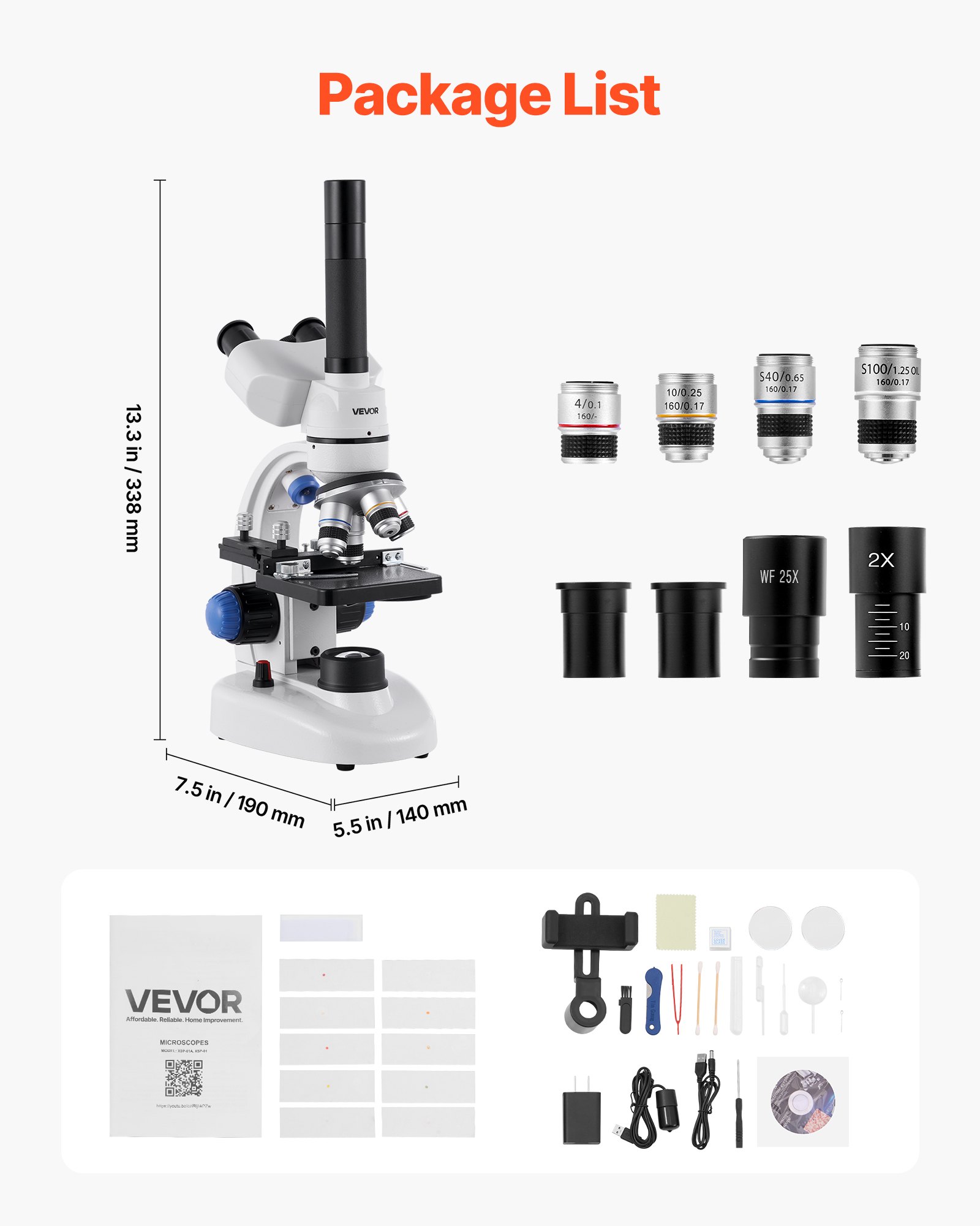 VEVOR Trinocular Microscope for Adult, Professional Compound Microscope Kit with 40-5000X Magnification, Aluminum Alloy Body, Includes LED Light and Phone Holder, for Lab, School, Home, Education