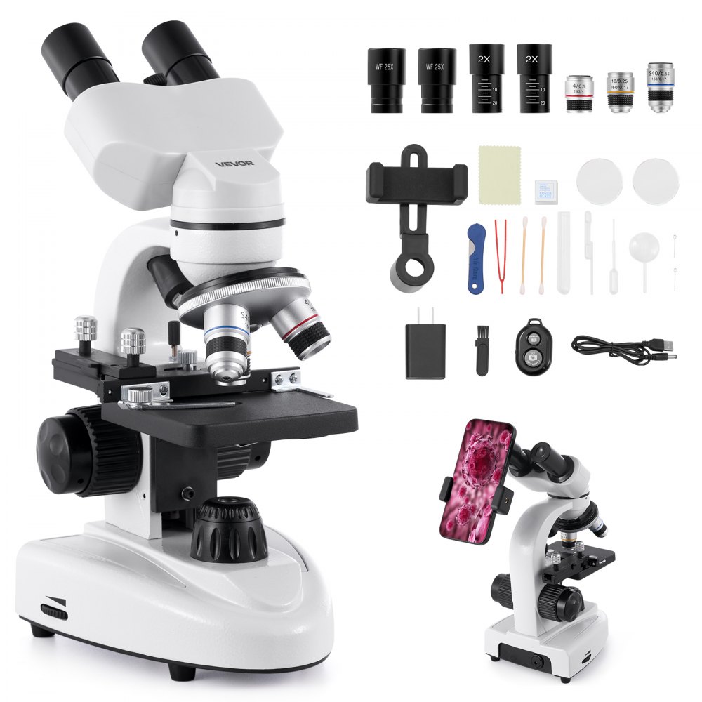 VEVOR Microscopio Binoculare, Kit Microscopio Composto con Ingrandimento 40-2000X, Corpo in Lega di Alluminio, Oculari, Luce LED, Supporto per Telefono, per Studenti, Laboratorio, Scuola, Casa