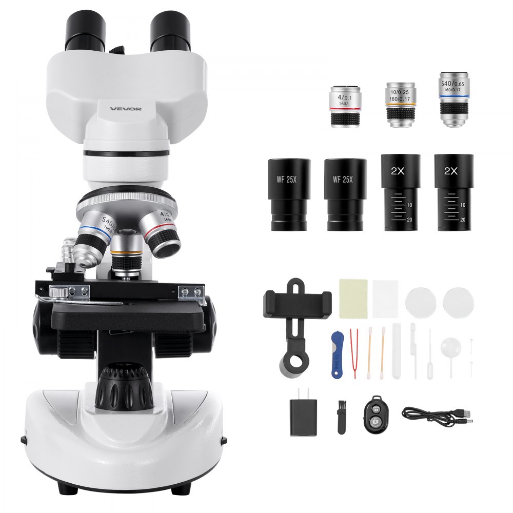VEVOR Binocular Microscope for Adult, Professional Compound Microscope Kit with 40-2000X Magnification, Aluminum Alloy Body, Includes LED Light and Phone Holder, for Lab, School, Home, Education