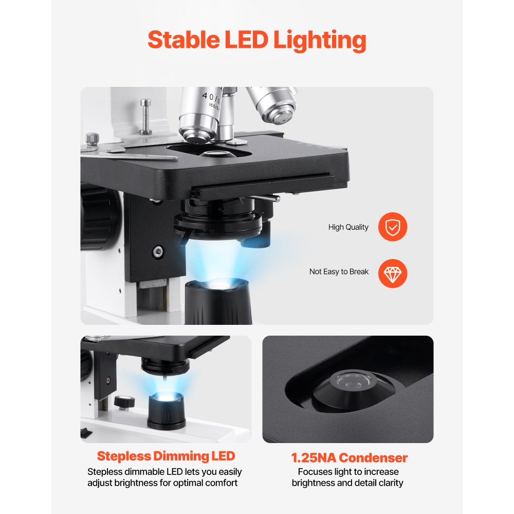 VEVOR Microscopio Binoculare, Kit Microscopio Composto con Ingrandimento, Set di Oculari, 1,3mm Due Stadi, Luce LED, Supporto per Telefono, per Studenti, Laboratorio, Scuola, Casa