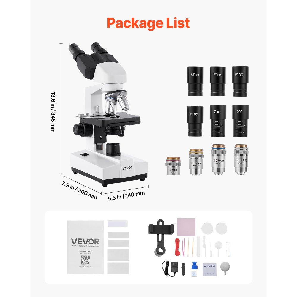 VEVOR Microscopio Binoculare, Kit Microscopio Composto con Ingrandimento, Set di Oculari, 1,3mm Due Stadi, Luce LED, Supporto per Telefono, per Studenti, Laboratorio, Scuola, Casa