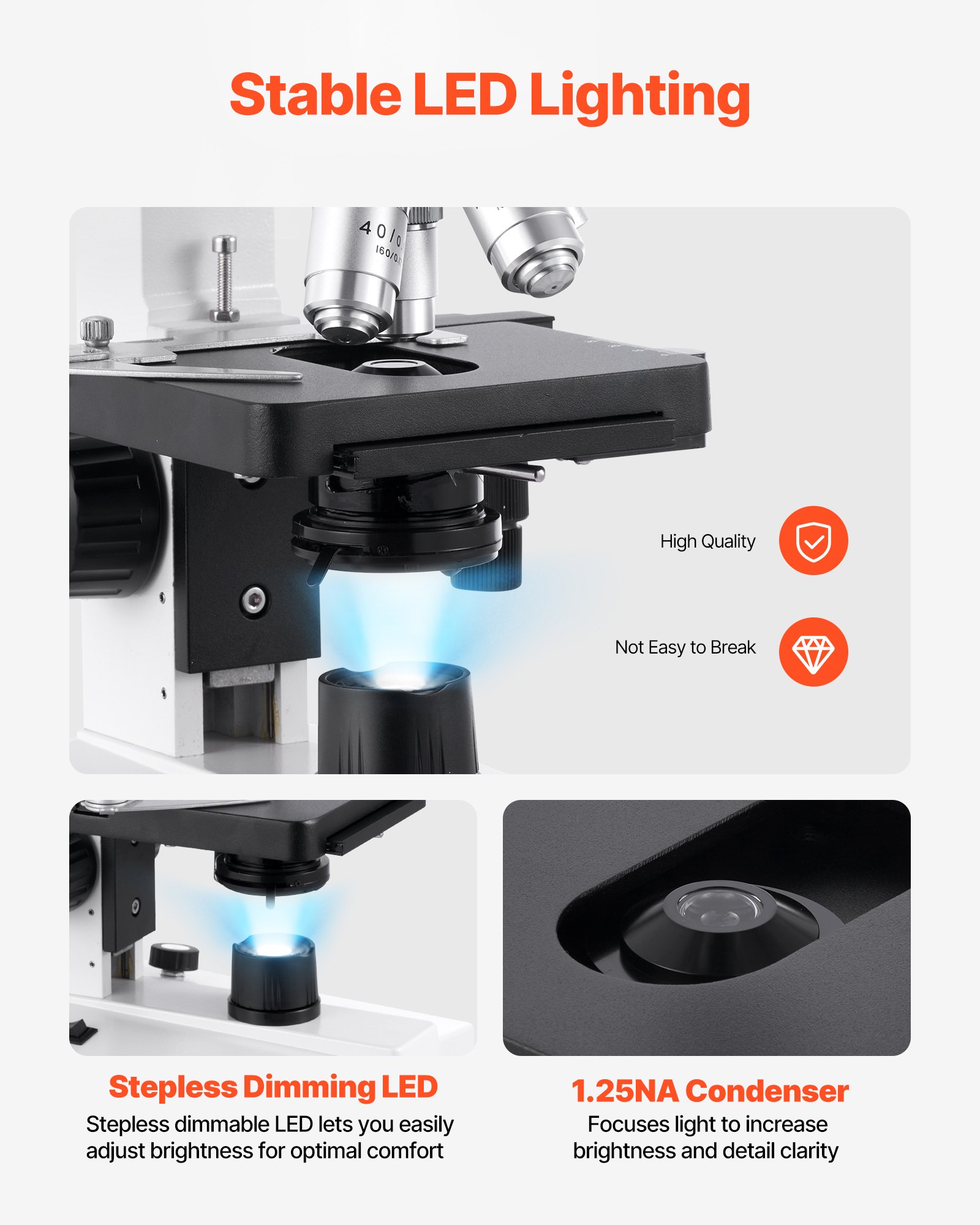 VEVOR Microscopio Binoculare, Kit Microscopio Composto con Ingrandimento, Set di Oculari, 1,3mm Due Stadi, Luce LED, Supporto per Telefono, per Studenti, Laboratorio, Scuola, Casa