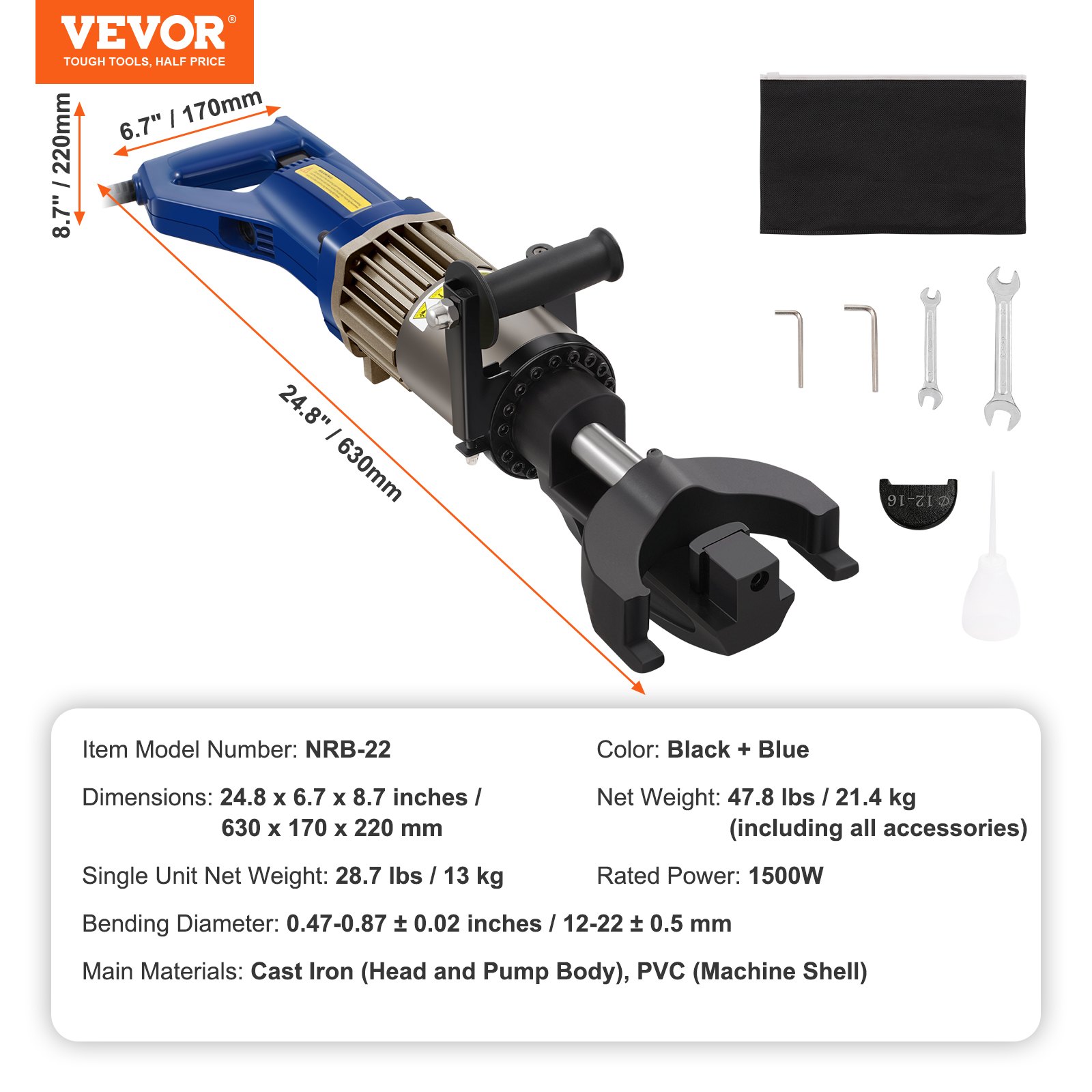 VEVOR Piegatrice per Barre Elettrica 1500 W, Piegatrice Idraulica Portatile Angolo di Piegatura 0-90° Diametro 12-22 mm, Piegatrice per Barre d'Acciaio con Valigetta Attrezzi per Tubi d'Armatura