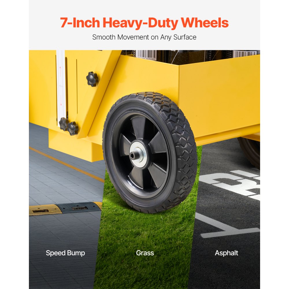 VEVOR Carrello Traccialinee 61 x 33 x 90 cm, Macchina per Segnaletica Stradale a 4 Ruote, Larghezza Regolabile 5,6-10,2 cm, Segnalinee per Linee su Strade, Parcheggi Campi Sportivi, Giallo