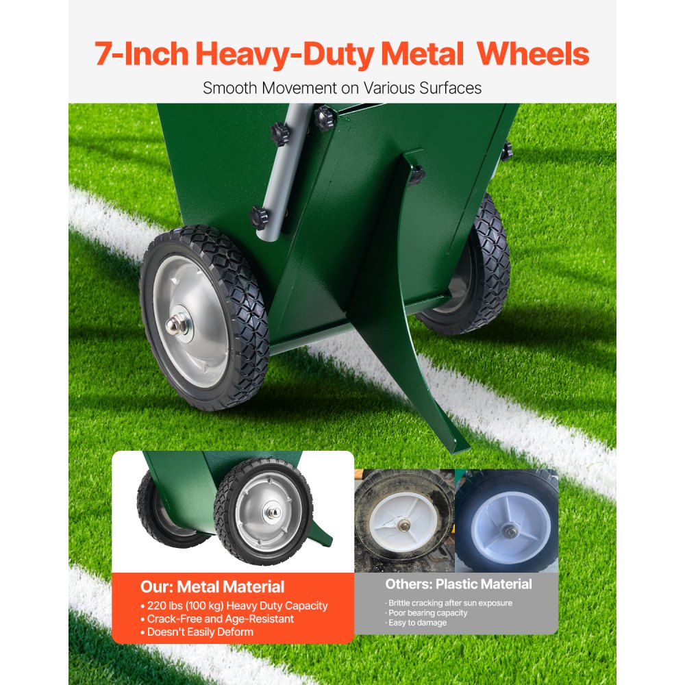 VEVOR Segnalinee a Secco per Campi da Gioco, 2 Ruote, Linee 50-100 mm, Segnalinee Regolabili, con Maniglia di Regolazione in Gomma, Capacità Polvere 11,3 kg, per Baseball Infield, Verde