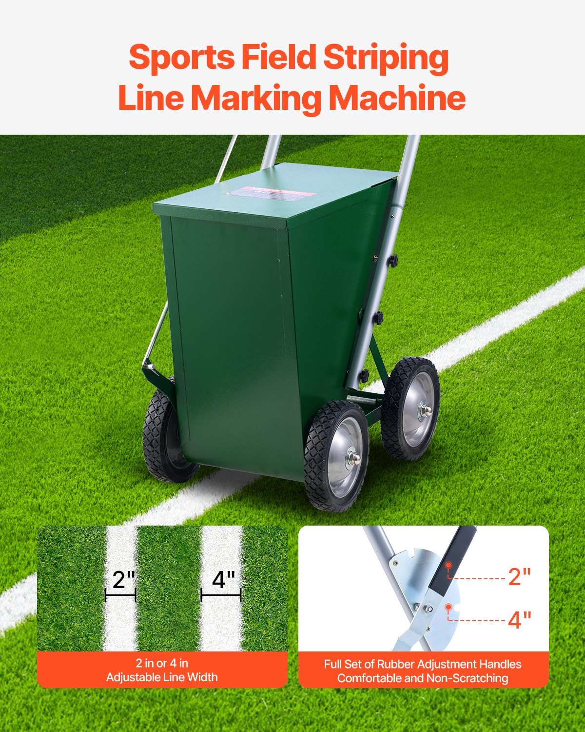 VEVOR Segnalinee a Secco per Campi da Gioco, 4 Ruote, Linee 50-100 mm, Segnalinee Regolabili, con Maniglia di Regolazione in Gomma, Capacità Polvere 22,7 kg, per Baseball Infield, Verde