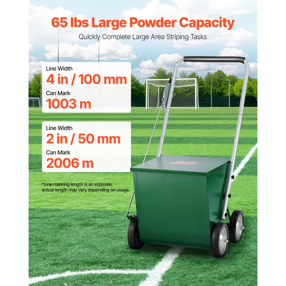 VEVOR Segnalinee a Secco per Campi da Gioco, 4 Ruote, Linee 50-100 mm, Segnalinee Regolabili, con Maniglia di Regolazione in Gomma, Capacità Polvere 29,5 kg, per Baseball Infield, Verde