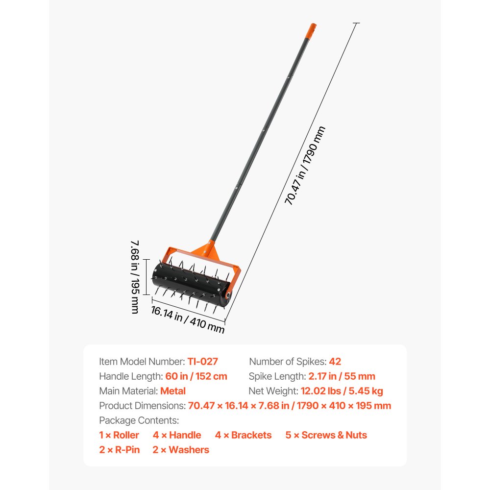 VEVOR Arieggiatore Manuale per Prato da 41 cm Aeratore a Spinta da Prato Terreno in Metallo Compatti per Giardino Cortile Campi con Punti in Ferro 42 x 5,5 cm Manico Lungo Rullo Ricaricabile
