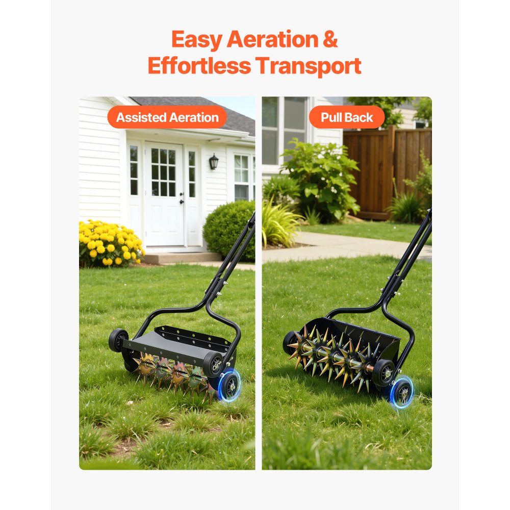 VEVOR Arieggiatore Manuale a Spinta da 500mm con 4 Ruote e Maniglia, Rullo Costipatore con Supporto Aggiuntivo 18,14kg, Scarificatore Manuale per Aerazione Prato Giardino Cortile e Salute del Terreno